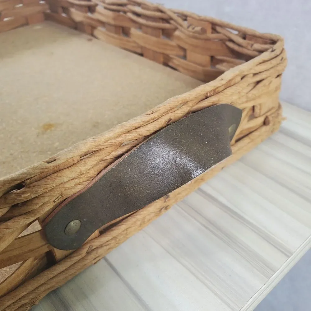Vintage Pyrex Wicker Casserole Dish 9x13 Carrier leather handles woven Rafia